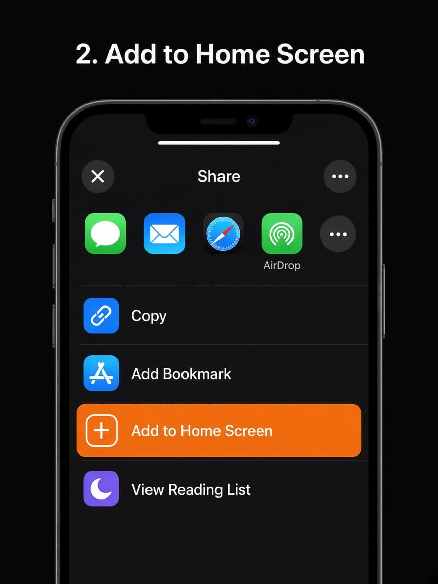 iOS share sheet with Add to Home Screen highlighted